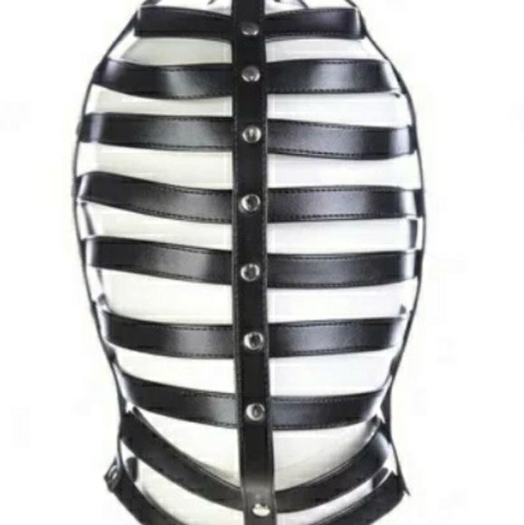 NEW Leather Cage Harness Mask EDC Punk Rave Fetish Halloween Sexy Black Headmask - Picture 2 of 4